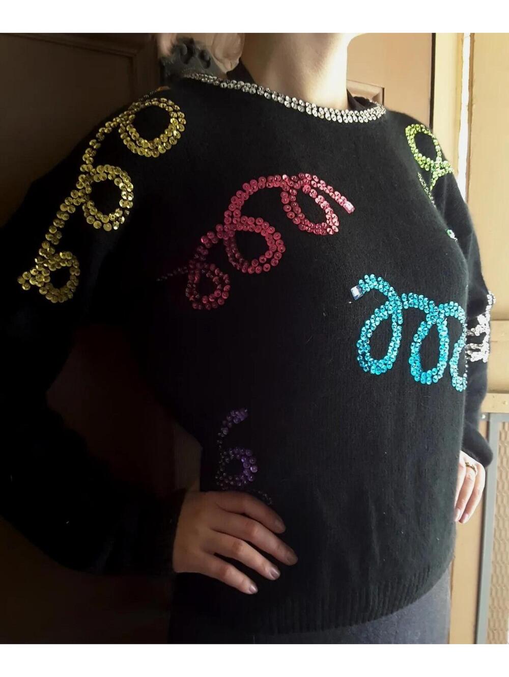 New Wave Sequin Sweater Silk Angora Black Soft M/L DE ROTCHILD EXTRA ENERGY 80s